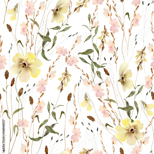 Watercolor boho wildflowers floral seamless pattern. Hand drawn elegant  delicate botanical background. Repeatable texture  wrapping paper  stationery  wallpaper  fabric  paper  textile