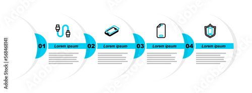 Set line Mobile with shield, Glass screen protector, and USB cable cord icon. Vector