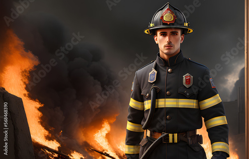  painting portrait of a European male Firefighter in outfit - Generative AI