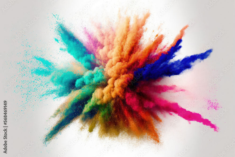 Multicolored glitter texture, abstract powder splatter on white background, and freeze motion of color powder exploding throwing action. Generative AI