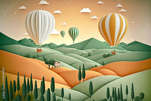 Hot air balloon over Tuscany, paper craft art. Vacation and travel concept. Generative ai.