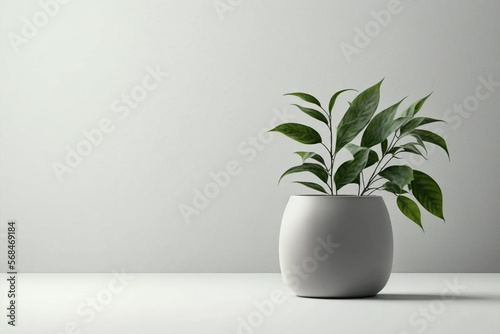 Fotografering Green Plant Leave In a Ceramic Vase on White Table. Generative AI