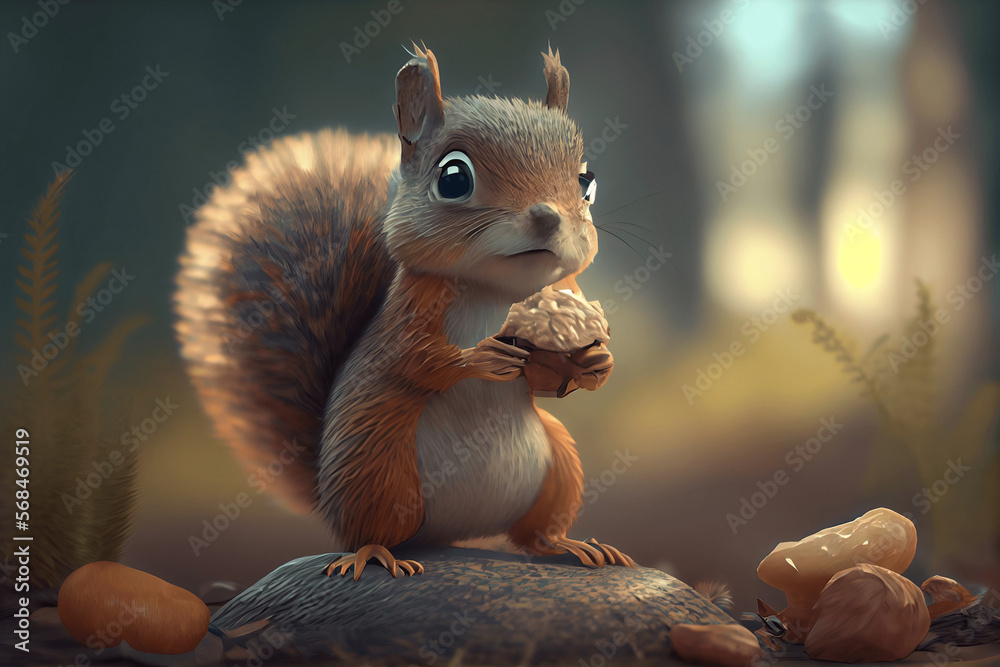 Obraz premium Ein Chibi Eichhörnchen mit einer Nuss