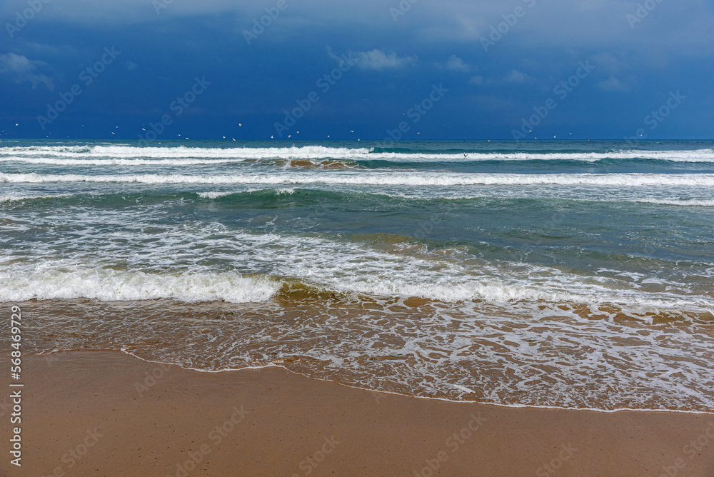 Storm sea. Waves on the sea dispersed by the wind on a cloudy day.