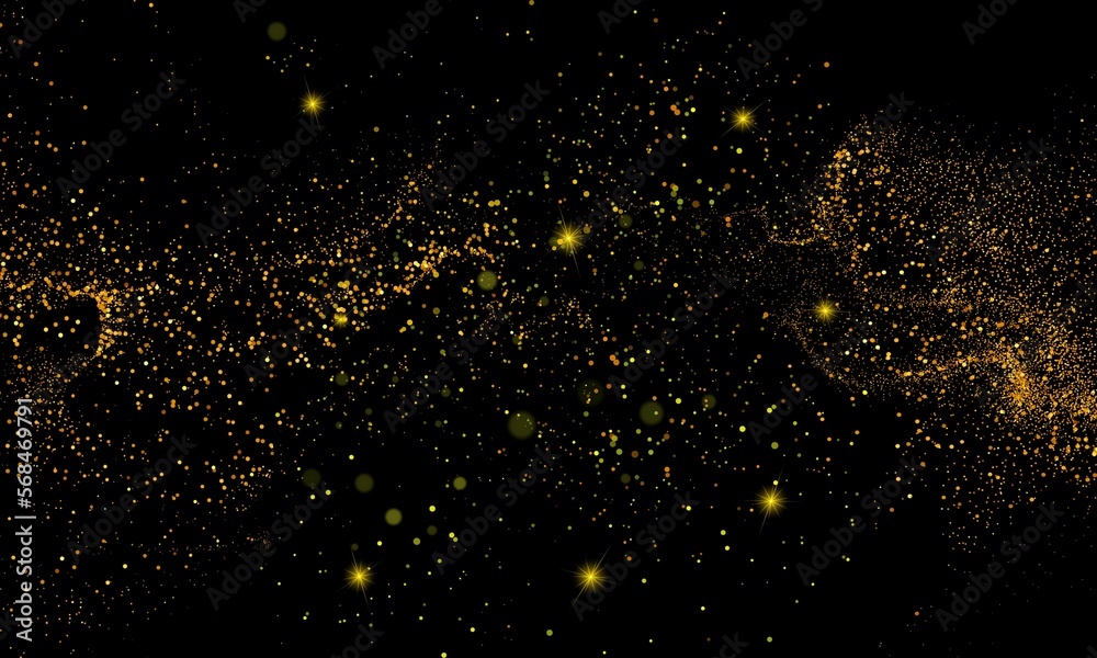Photo of golden glitter on a black background. Golden explosion.