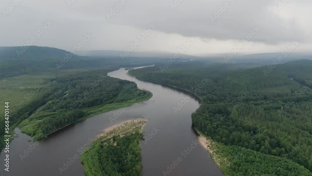 Landscape with a river. Fast mountain river Neman . view from above. Verkhnebureinsky district . Russian far east Landscape with a river. Fast mountain river Neman . view from above. Verkhnebureinsky district . Russian far east
