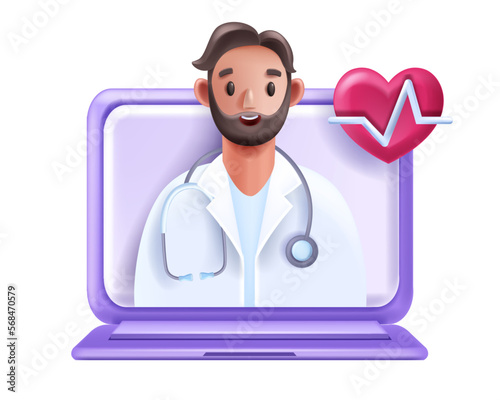 3D online doctor, vector telemedicine virtual consult concept, internet medical network laptop. Healthcare cardiologist video call, digital appointment meeting service. Online doctor remote diagnosis