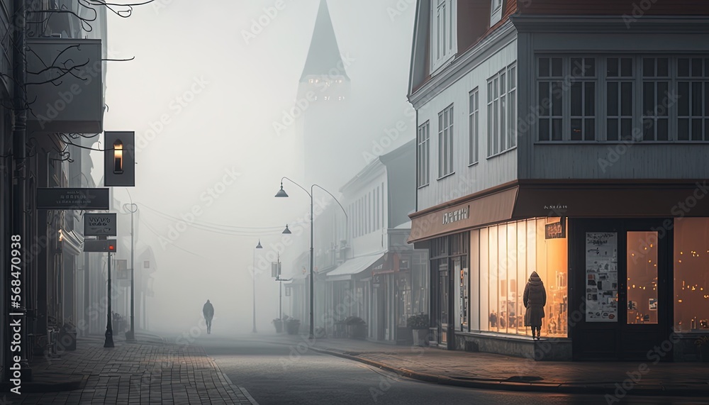 Stavanger centrum city in fog, generative artificial intelligence Stavanger centrum city in fog, generative artificial intelligence