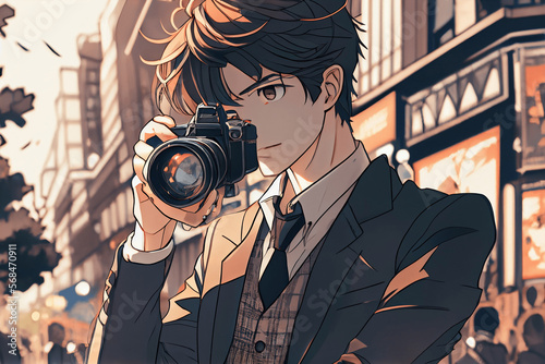 Junger Fotograf mit einer Kamera macht Fotos in einer Stadt, Manga Stil photo