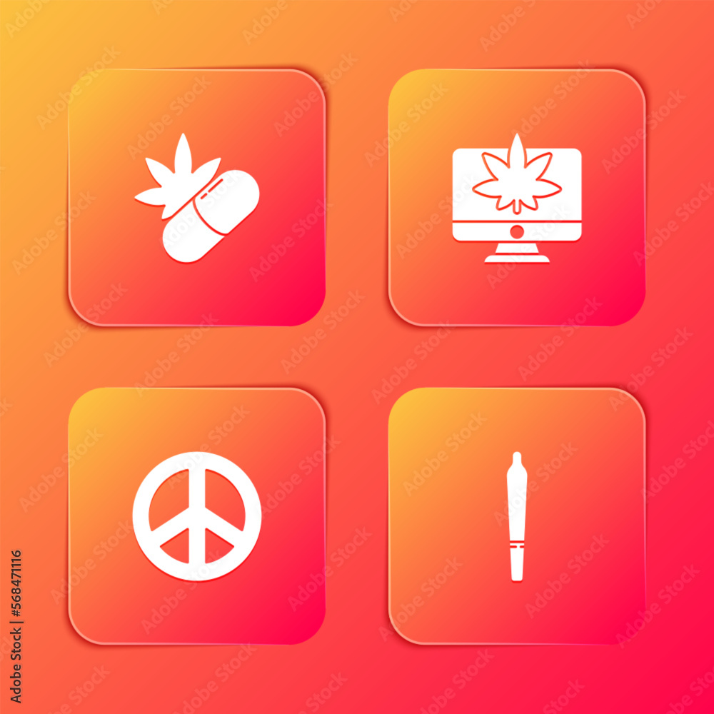 Set Medical pills with marijuana, Monitor and or cannabis, Peace and Marijuana joint icon. Vector