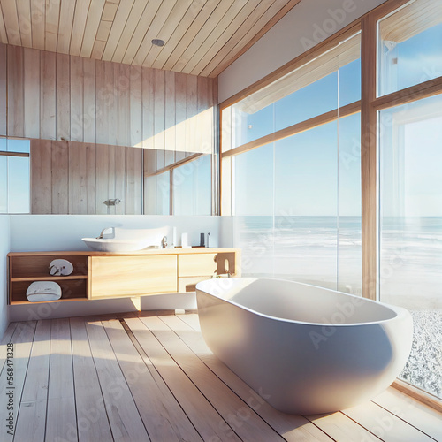 Comfortable bright bathroom with a boho-chic interior design  a free-standing white bath against the background of a panoramic window. hanging decor from dry grass.