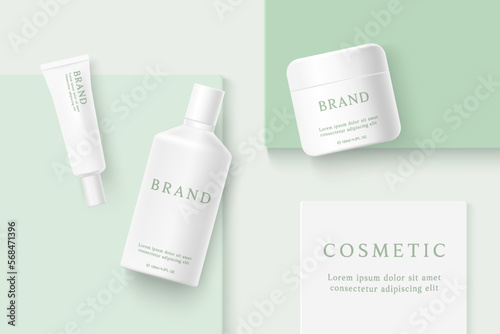 Skin care product and package ads template on green background .