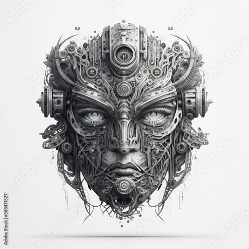 An intricately detailed robot face illustration. Created with Generative AI photo