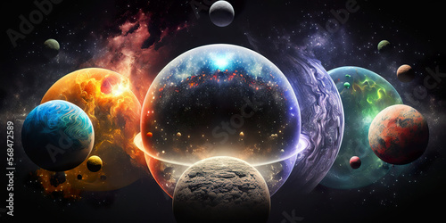 Universe represented in all dimensions in one illustration. From the parallel dimension to the multidimensional  the multitude of planets in the universe. Image generated by AI.