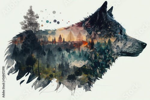 Duuble exposure head wolf and a forest. Generative AI illustration.