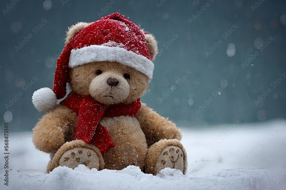 Christmas teddy bear cute toy. Winter holidays snow background. Blurry background. Copy space. Generative AI Christmas teddy bear cute toy. Winter holidays snow background. Blurry background. Copy space. Generative AI