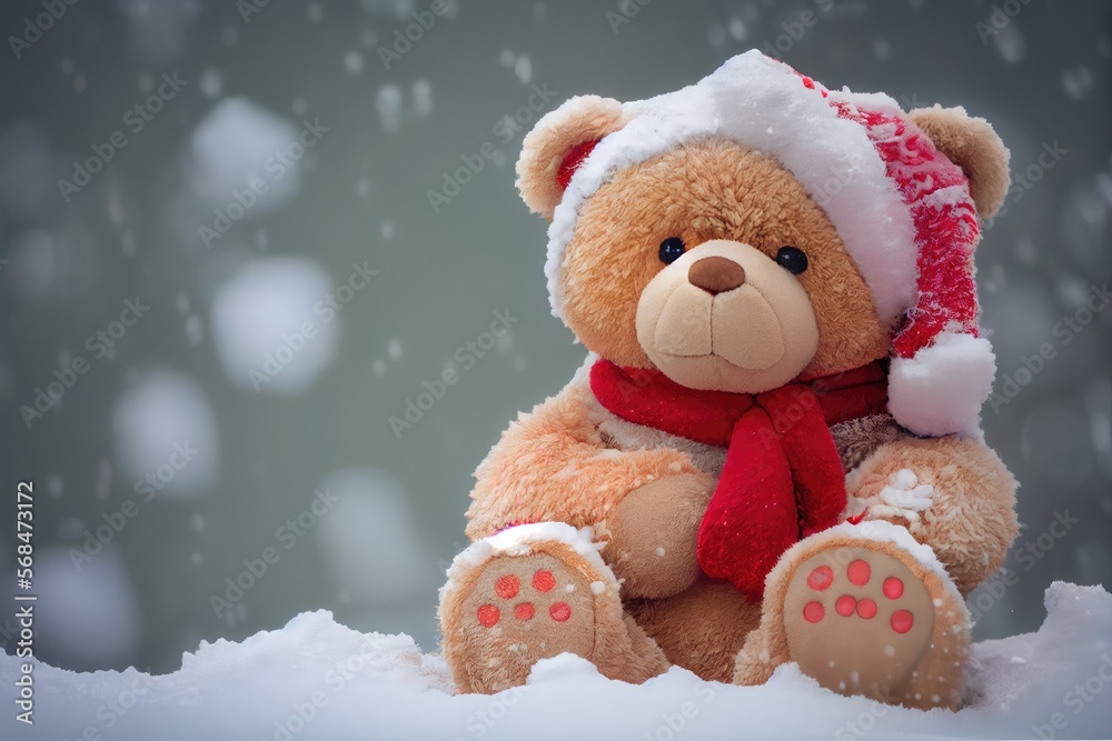 Christmas Santa teddy bear toy. Winter holiday background with copy space. Blurry background. Generative AI Christmas Santa teddy bear toy. Winter holiday background with copy space. Blurry background. Generative AI