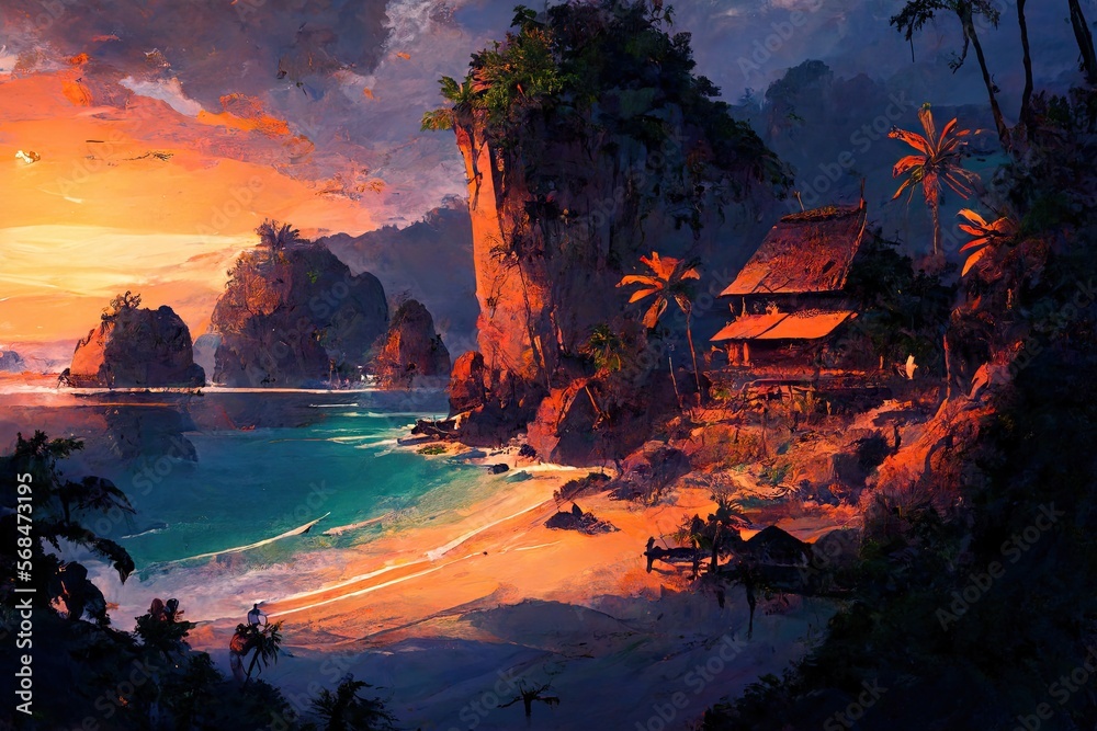 Coastline sunset over the ocean near village with palm trees. Artistic landscape illustration. Generative AI