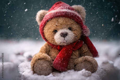 Christmas teddy bear cute toy in hat. Winter holidays background. Blurry background. Generative AI