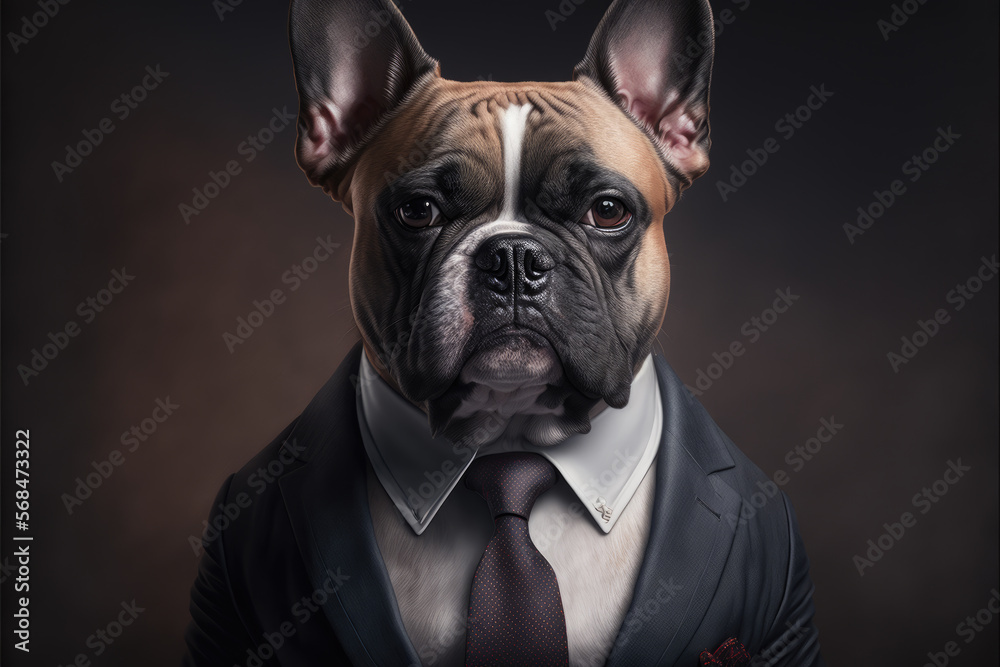 Generative AI illustration anthropomorphic portrait of French Bulldog in formal clothes white shirt and tie looking at camera standing against dark background