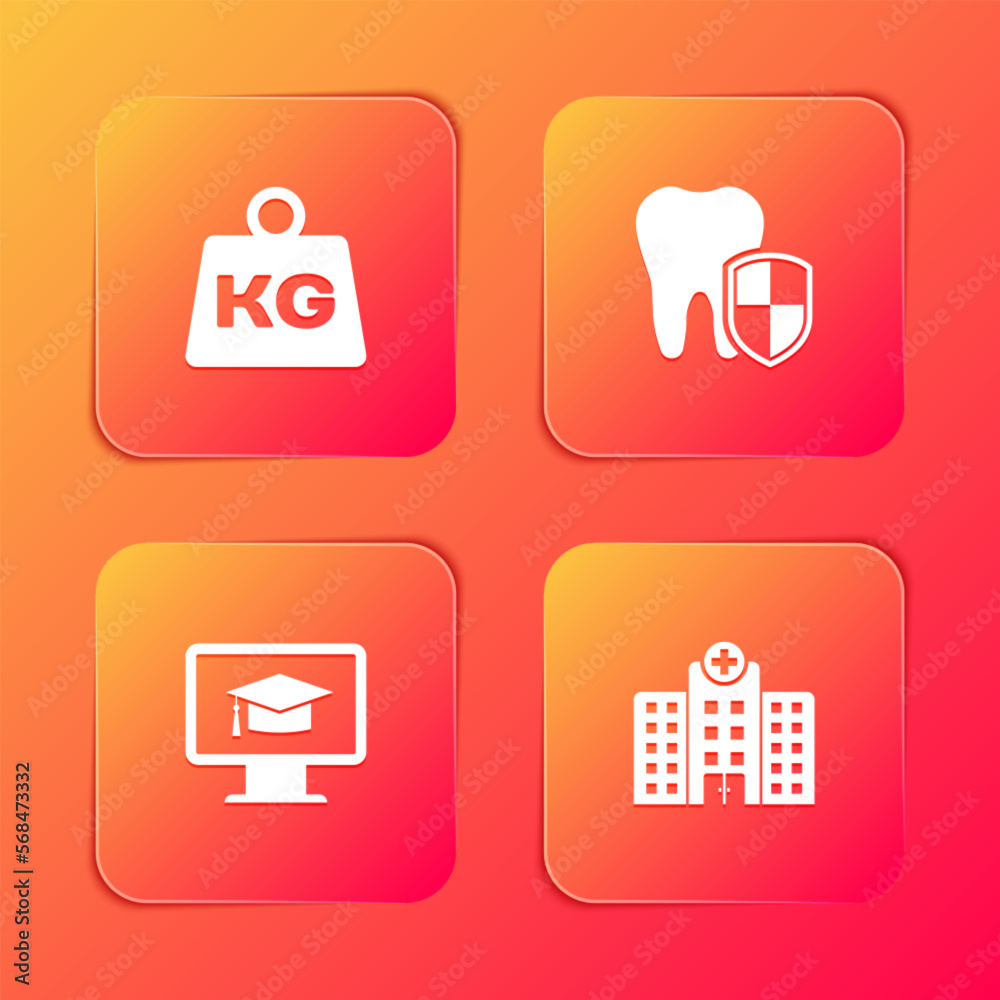 Set Weight, Dental protection, Monitor with graduation cap and Medical hospital building icon. Vector