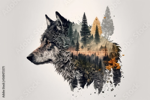 Double exposure head wolf and a forest. Generative AI illustration. photo