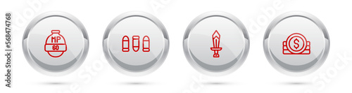 Set line Video game bar, Bullet, Sword for and Ancient coin. Silver circle button. Vector