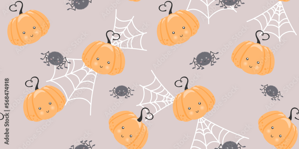 Web, pumpkin and spider with a cute face on a beige background. Halloween endless texture with kawaii characters. Vector seamless pattern for cover, surface texture, giftwrap, wrapping paper and print