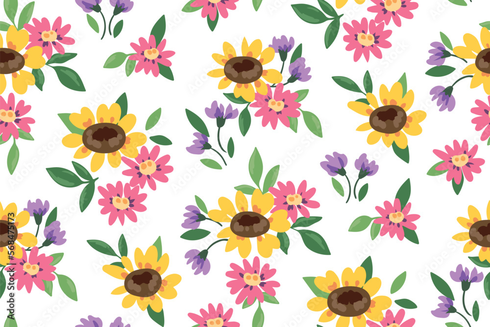 Seamless floral pattern, cute ditsy print with rustic motif. Pretty botanical design with hand drawn plants: small flowers buds, sunflower, leaves in bouquets on white background. Vector illustration.