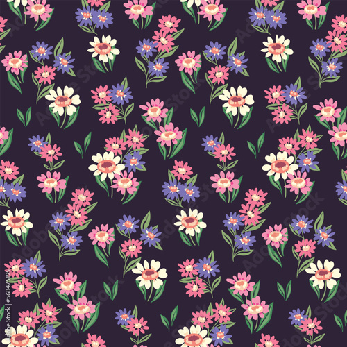 Seamless floral pattern, beautiful ditsy print with vintage motif. Pretty botanical design with small hand drawn plants: small flowers, leaves on a dark purple background. Vector illustration.