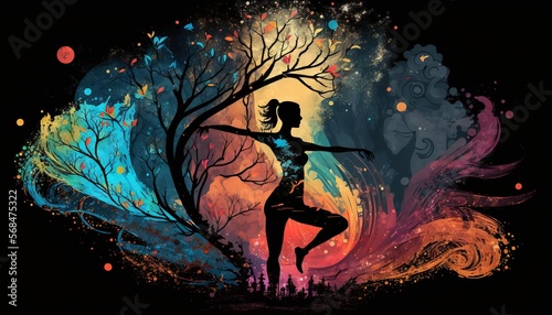 Colorful style background wallpaper silhouette of woman doing yoga dynamic poses generative ai