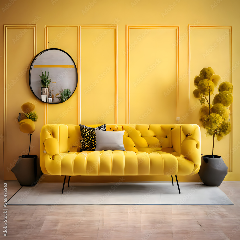 Cozy modern living room interior with yellow sofa and decoration room on a yellow or white wall background, Generative AI
 - obrazy, fototapety, plakaty 