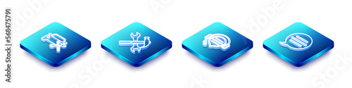 Set Isometric line Car service, Crossed hammer and wrench, Headphones with speech bubble chat and Speech icon. Vector