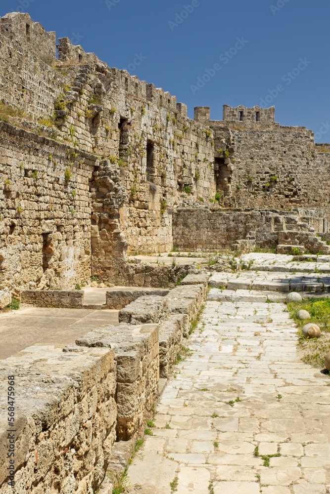 Historical ruins view in clear weather in spring, Old Town of Rhodes, Greece.