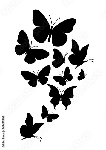 Flock of silhouette black butterflies on white background