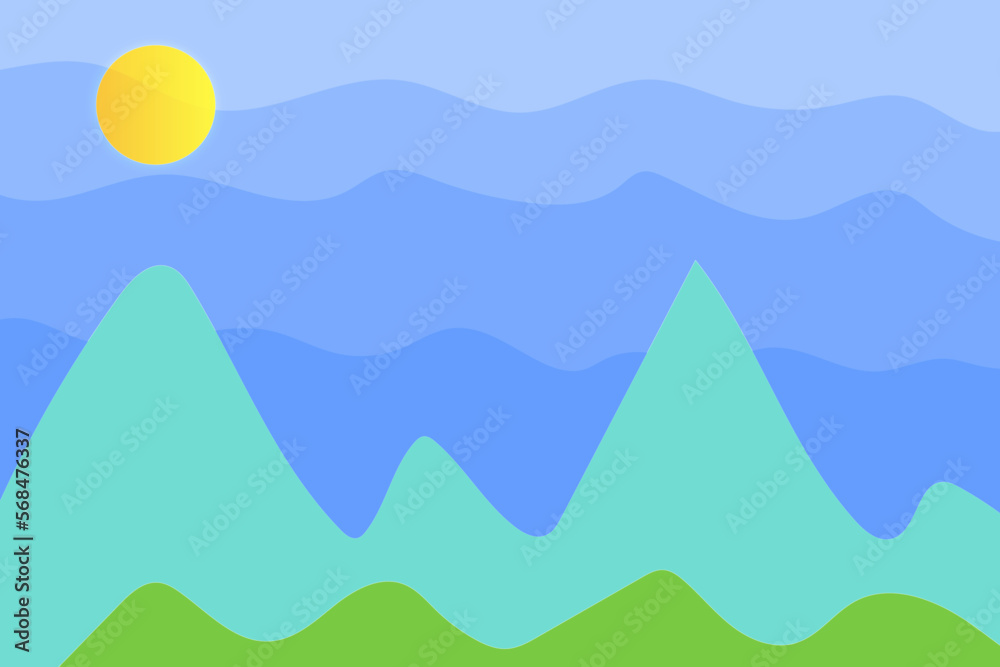 Landscape with mountains and sun. Vector illustration in flat style.