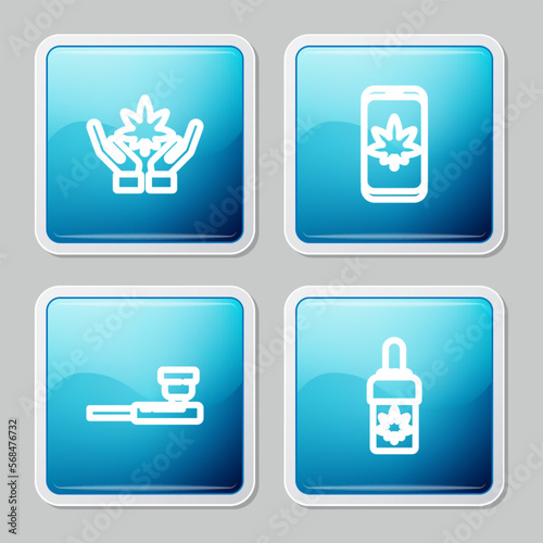 Set line Marijuana or cannabis leaf, Mobile and marijuana, Smoking pipe and olive oil icon. Vector