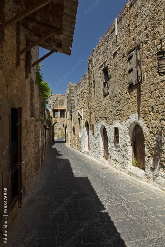 Historical street view in clear weather in spring, Old Town of Rhodes, Greece.