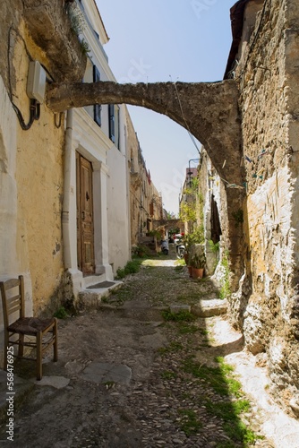 Historical street view in clear weather in spring  Old Town of Rhodes  Greece.