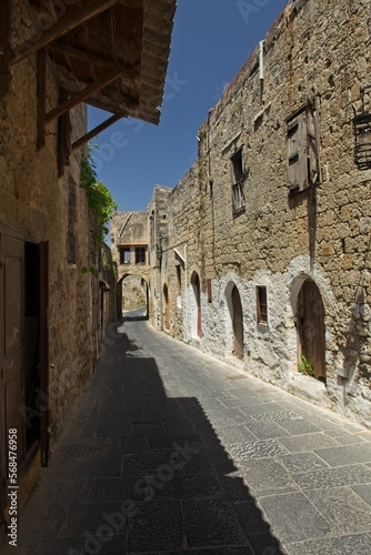 Fototapeta Naklejka Na Ścianę i Meble -  Historical street view in clear weather in spring, Old Town of Rhodes, Greece.