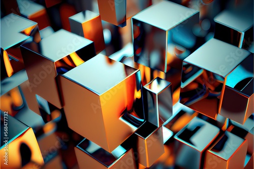 Generative AI illustration of digital cubic abstract background of color, metal squares, reflection photo