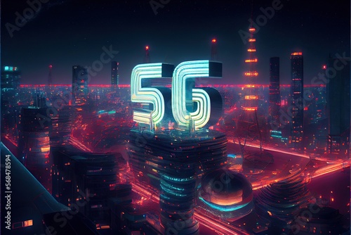 Generative AI illustration of futuristic city at night  5G internet network wireless systems and internet of things  smart city and communication network concept.