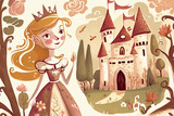 a magical and whimsical hand-painted illustration fora fairy tale picture book. Fairy tale scene such as a princess in a castle or a prince rescuing a damsel. Generative AI.