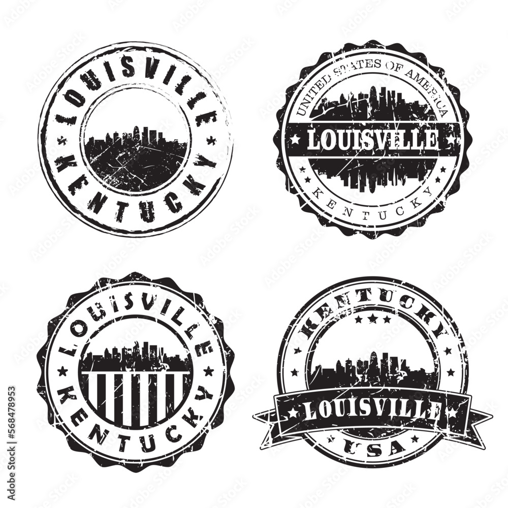 Louisville Kentucky Stamp Skyline Postmark. Silhouette Postal Passport. City Round Vector Icon Set. Vintage Postage