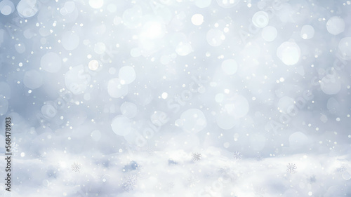 christmas winter snow illustration with beautiful light and snow flakes on bokeh background with free copy space for banner format design, generative ai