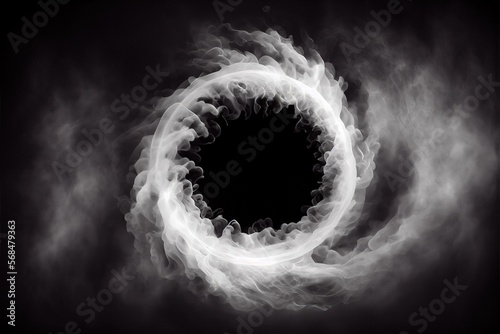 Generative AI illustration of white smoke exploding outwards with empty center. Dramatic smoke or fog effect for spooky, hot lighting ring circle