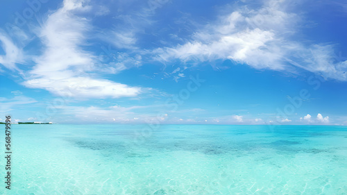 photorealistic panorama view illustration of idyllic beach with blue water and blue sky with white clouds during holiday season, generative ai