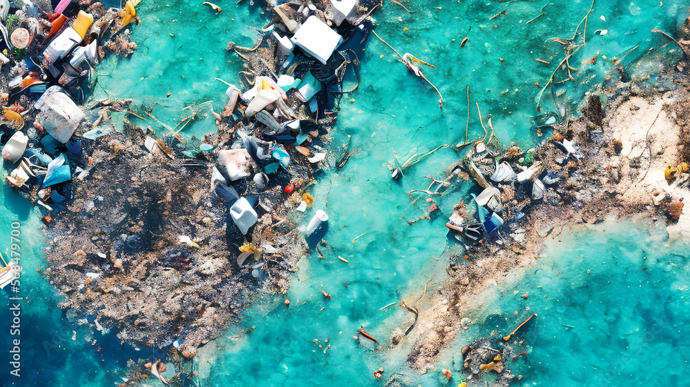 illustration of destroyed nature, birds eye view of garbage on beautiful beach with blue water, generative ai