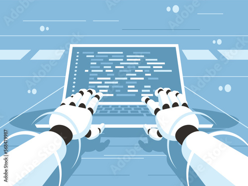 Artificial intelligence writing code. Chat bot. Robot is sitting at laptop. Vector illustration