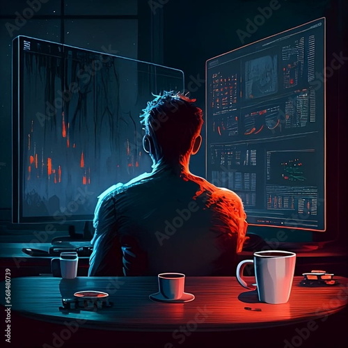 person working on computer nd seeing the crypto candlesticks, and a cup f coffee is on table  photo